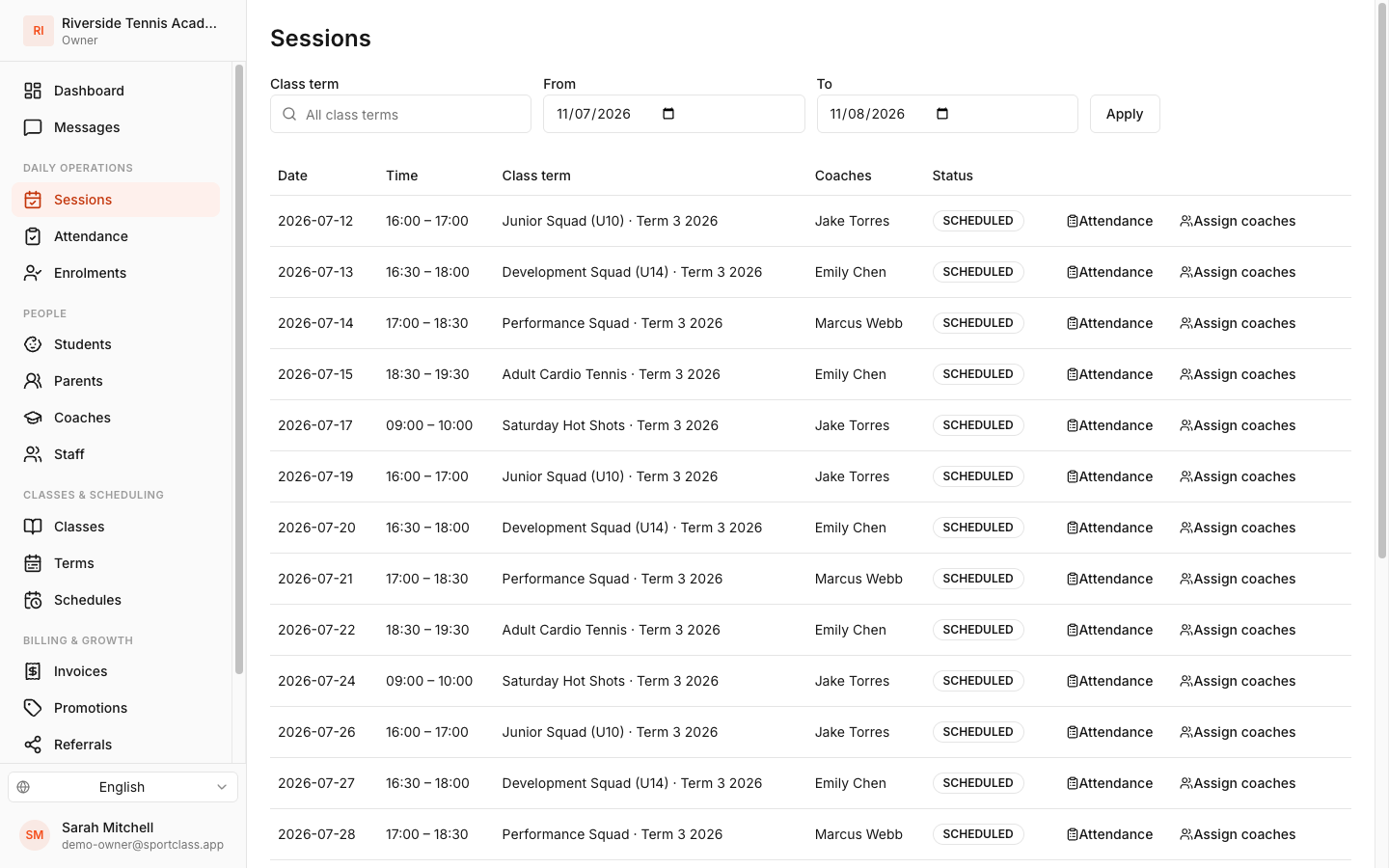 Every session, scheduled automatically